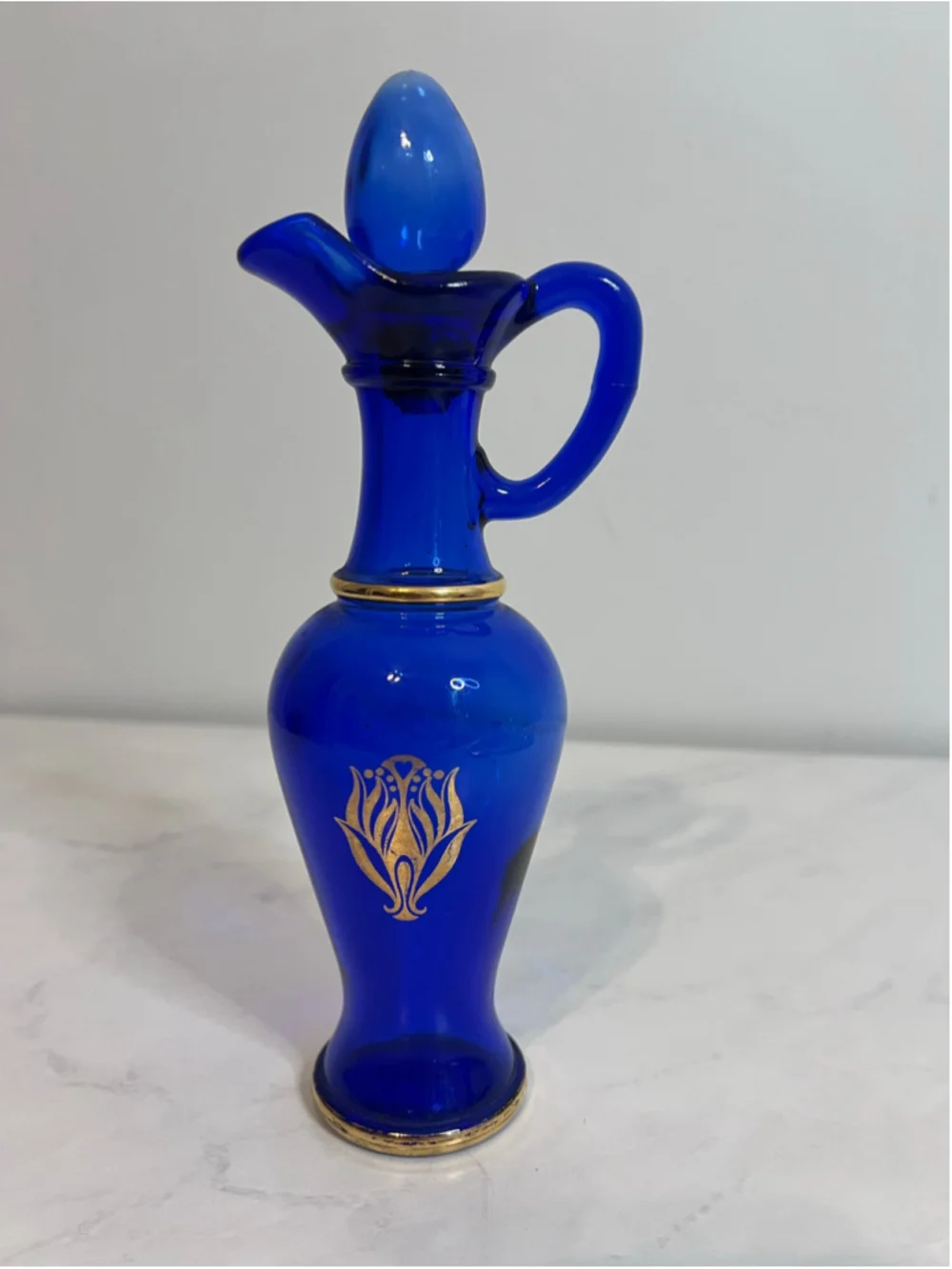 Avon Vintage Blue Glass Decanter Vase with Gold Detail, One Size